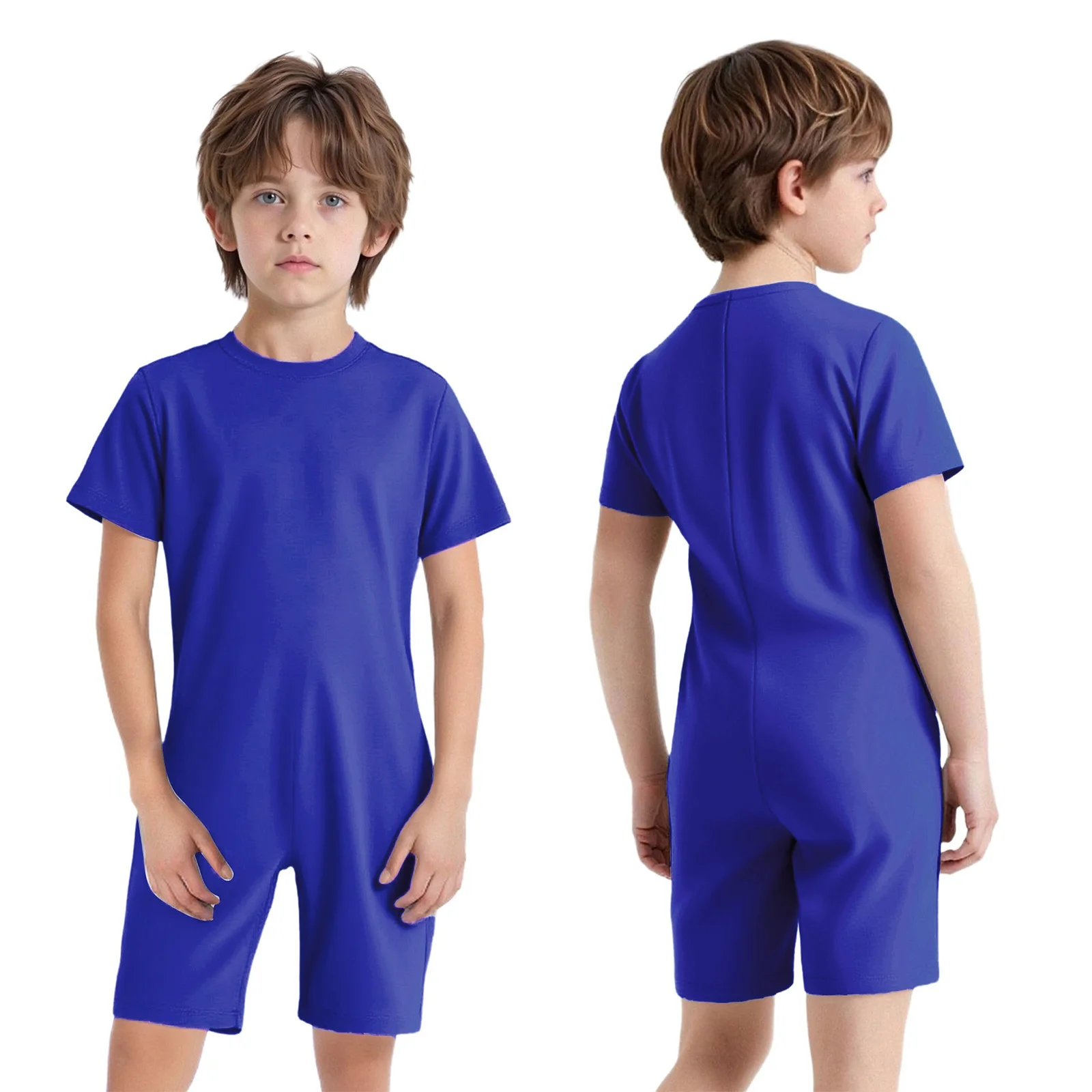 Unisex Kids Boys Girls Special Needs Adaptive Clothing Cotton Short Sleeve Back Invisible Zipper Solid Color Full Body Jumpsuit 3