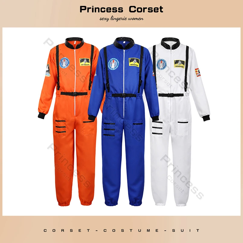 Adult Astronaut Costume for Women Men Flight Suit Costume Cosplay Space Astronaut Blue Full Body Jumpsuit with Zipper Carnival
