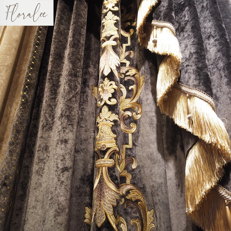 New European Style Luxury Curtains for Villa Living Room Coffee Color Silk Velvet Gold Embroidery High Quality High-end Custom 3
