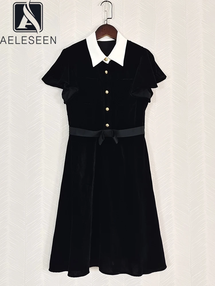 

AELESEEN Office Ladies Velvet Black Dress Women Turn-down Collar How Flare Short Sleeve Single-breasted High Waist Elegant