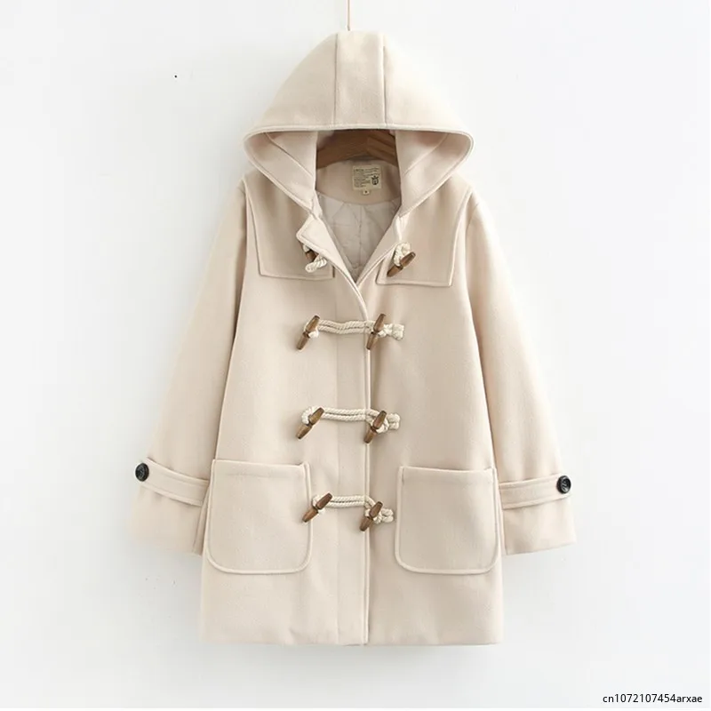 

Double Row Horn Buckle Coat Hooded Jackets Women Autumn Clothing Winter Casual Solid Thicken Button Jacket College Style