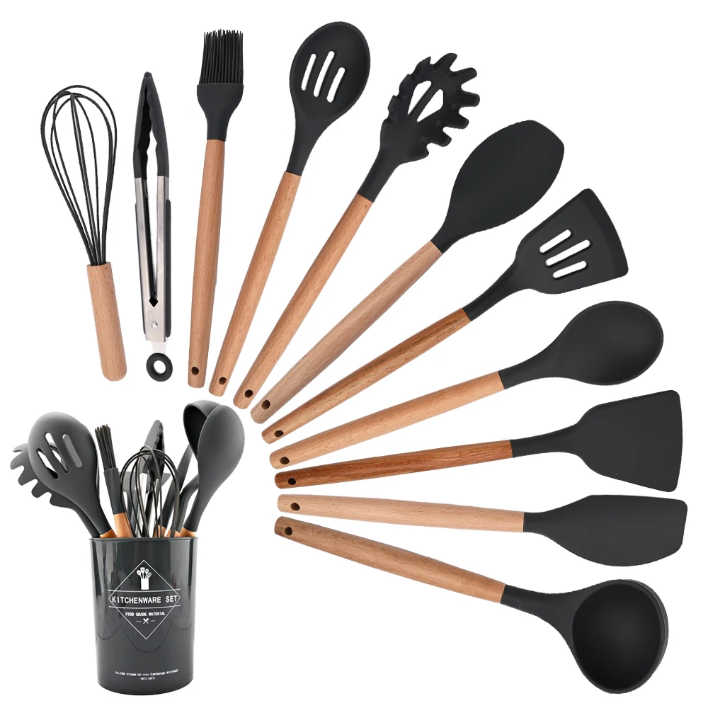 12Pcs Silicone Cooking Utensils Wooden Handle With Stainless Steel Sto –  INSETLAN