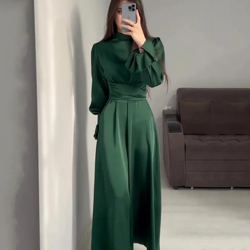 

2024 Autumn New Long Sleeve Waist Temperament Slim Puff Sleeve Green Dress
