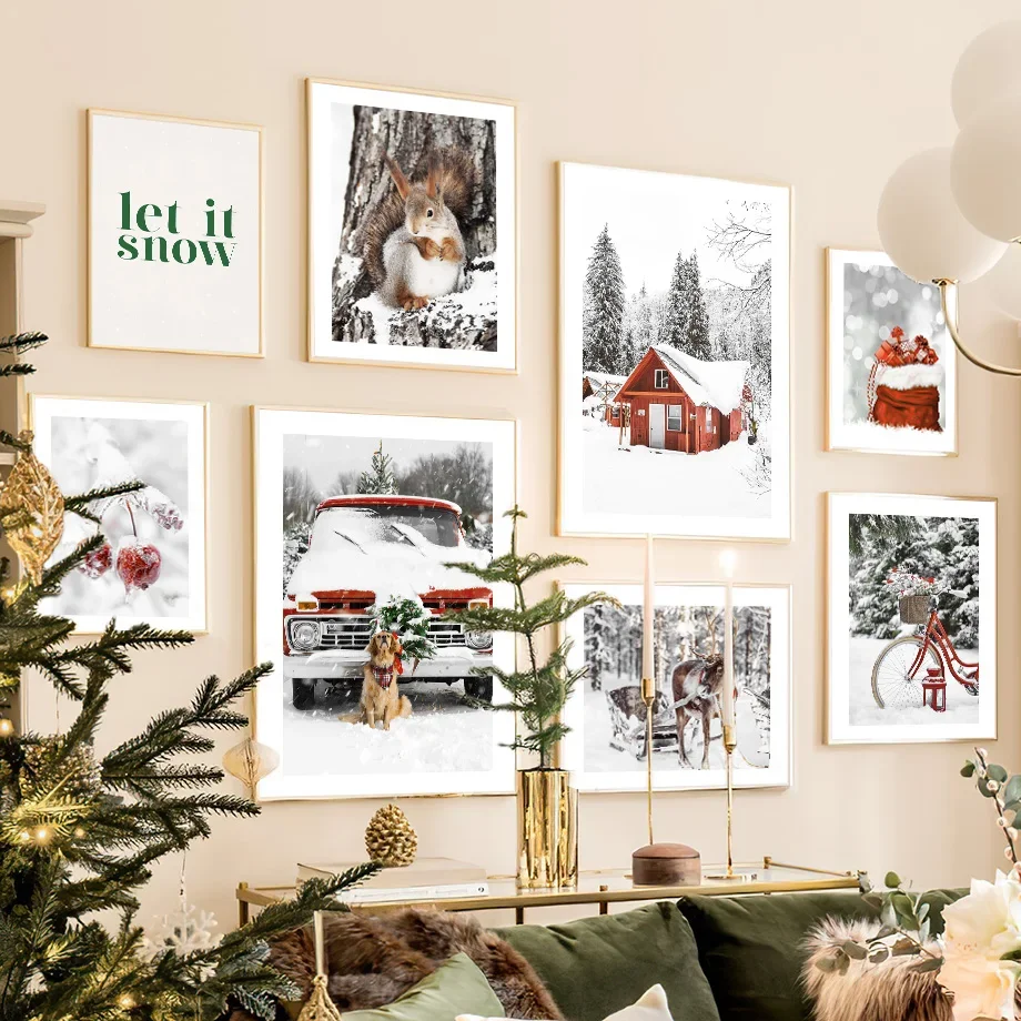 

Red Car House Snow Pine Tree Reindeer Winter Festival Art Posters Prints Canvas Painting Wall Pictures For Home Christmas Decor