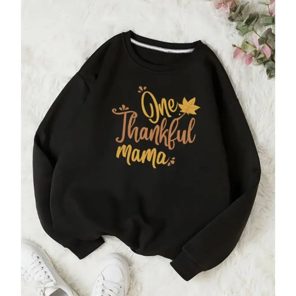 Thankful Mama Print Pullover Casual Loose Long-Sleeved Sweatshirt Crew Neck Sweatshirt Women's Sweatshirts cartoon bear sweatshirt women college style round neck loose pullover hoodie spring and autumn fun bear print long sleeved tops