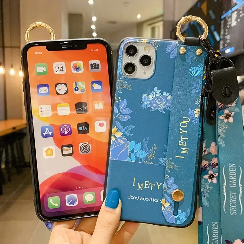 Floral Leaf Lanyard Phone Case with Wrist Strap Holder