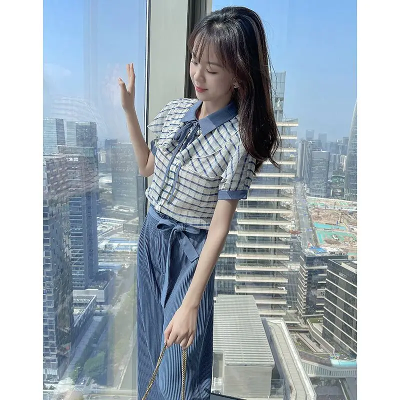 2023 Summer New Check Panel Short Sleeve Chiffon Shirt Casual Wide Leg Pants Two Piece Elegant Women's Pants Set Outfits