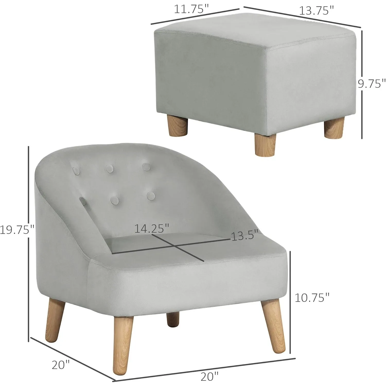 Qaba Kids Sofa Set, Toddler Chair, Sofa & Ottoman for Bedroom, Playroom, Children's Couch for 3-5 Years, Grey 2