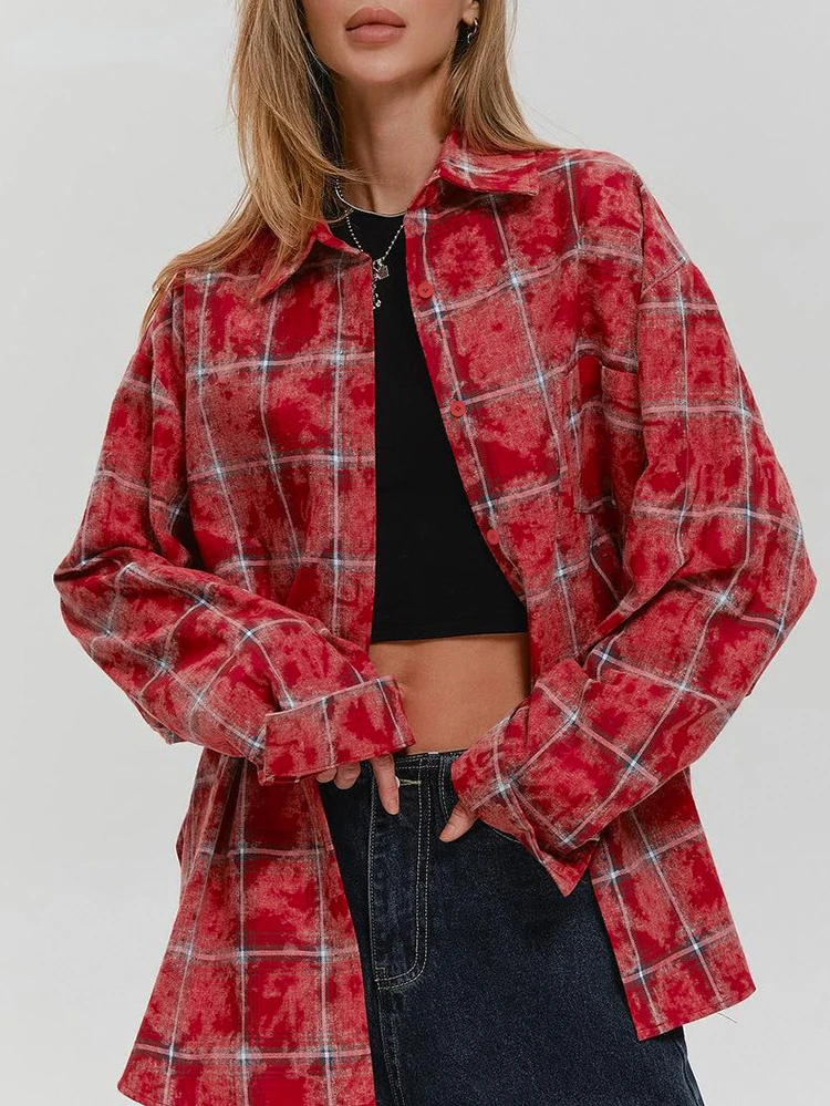 

Red Cotton Distressed Plaid Shirts Blouses Women Lapel Office Lady Loose Shirts Casual Long Sleeve Tops Summer 2024
