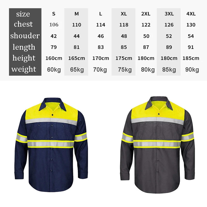 Cotton Safety Shirt Workwear with Reflective Tape Long Sleeve Working Shirt Summer Construction (Size S-4XL)