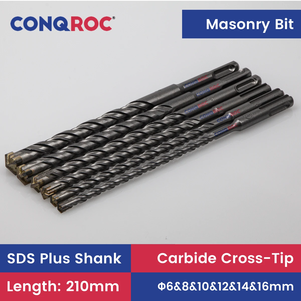 

Masonry Drill Bits Set SDS Plus Shank Carbide-Cross-Tip Length-210mm 6-Size Diameter-6&8&10&12&14&16mm for Electric Hammer