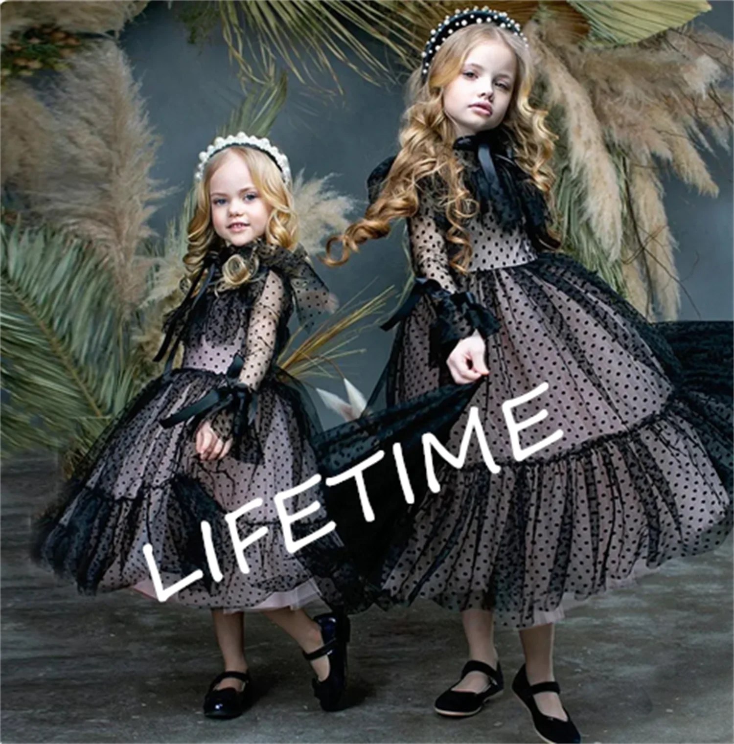 

Черные милые платья для девочек с цветочным принтом 2023 детское платье из тюля с длинным рукавом для свадьбы и вечеринки Длинные платья принцессы с бантом и высоким воротом для девочек