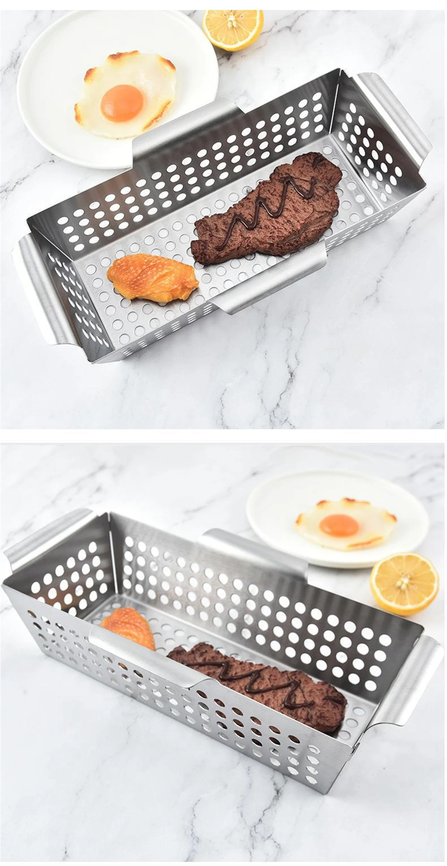 S1cb51d4ed352489b8ade774719ff62f6s Vegetable Grill Basket Stainless Steel BBQ Leaky Frying Food Holding Pan Outdoor Barbecue Tools and Gadgets Mallzona