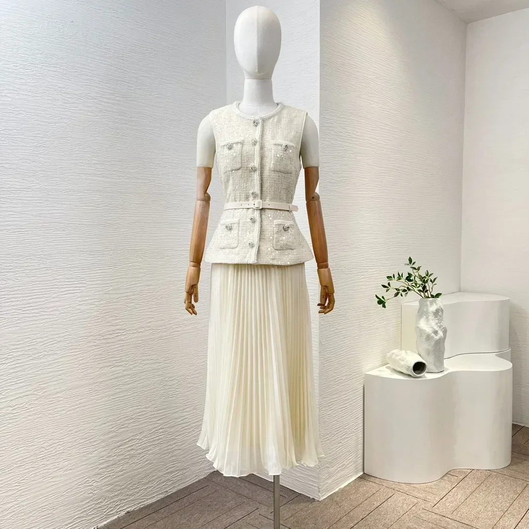 

Top Quality Cloth Spring Beige Elegant Sequinned Fitted Style Tweed Chiffon Patchwork Tank Mini Dresses White dress Women