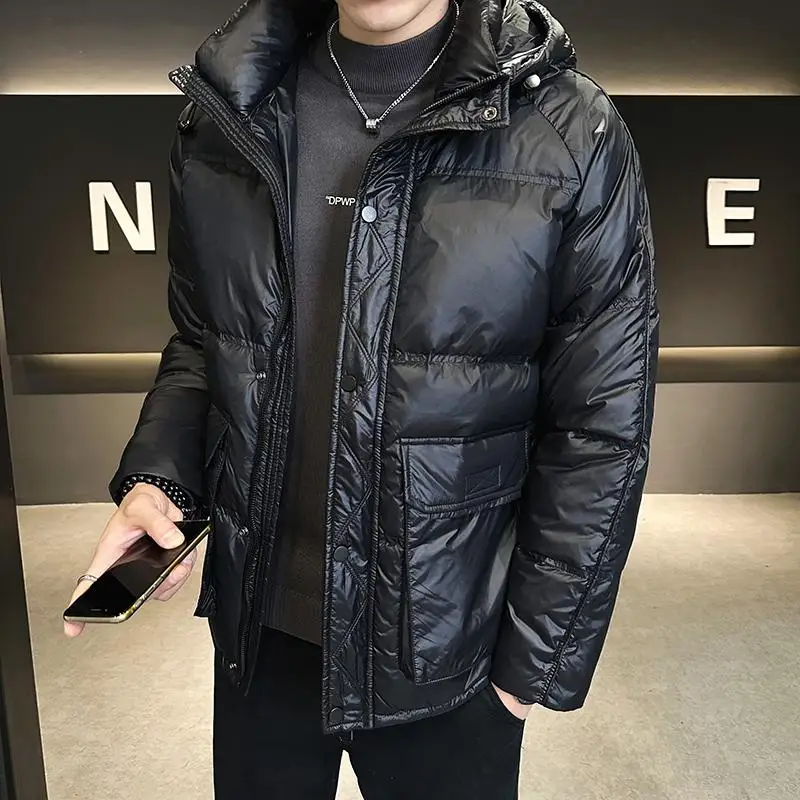 New 2023 Winter Men's Solid Color Duck Down Jacket Outwear Warm Bright Hooded Puffer Coat Plus Size Waterproof Thick Down Parkas