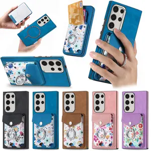 2 in 1 Cards Bag Ring Holder Magnetic Leather Case For Samsung Galaxy S24 Ultra S23 S22 Plus S21 FE A13 A14 A23 A33 A34 Cover