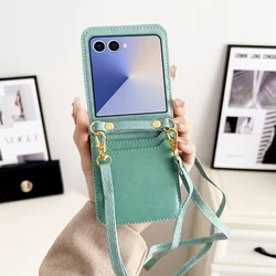 Crossbody Leather Phone Wallet Case with Hand Strap and Lanyard Pocket Cover - Galaxy Z Flip 8 (Green)