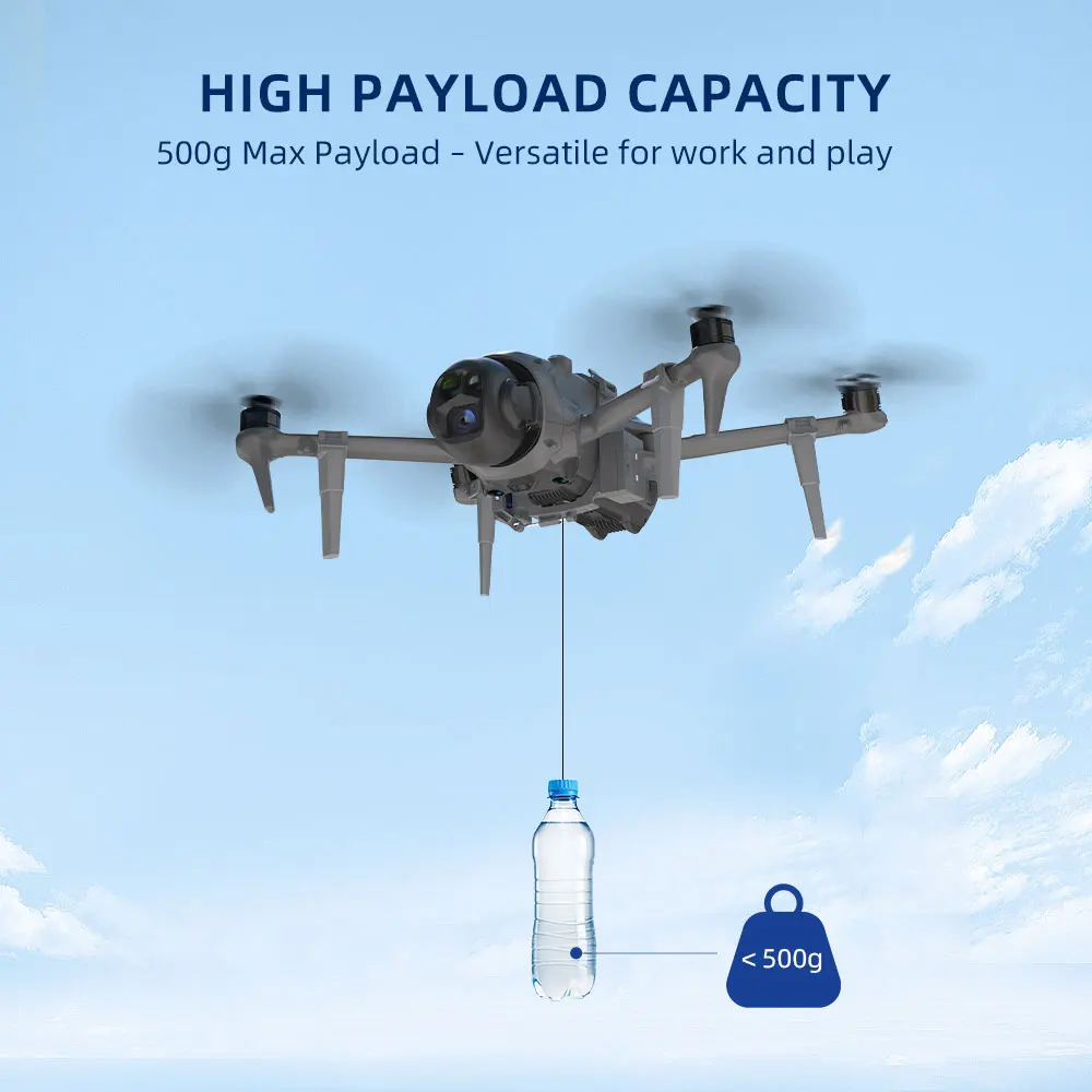 Système Airdrop pour drone professionnel déployant une charge utile, lanceur longue portée et détection de lumière en action.