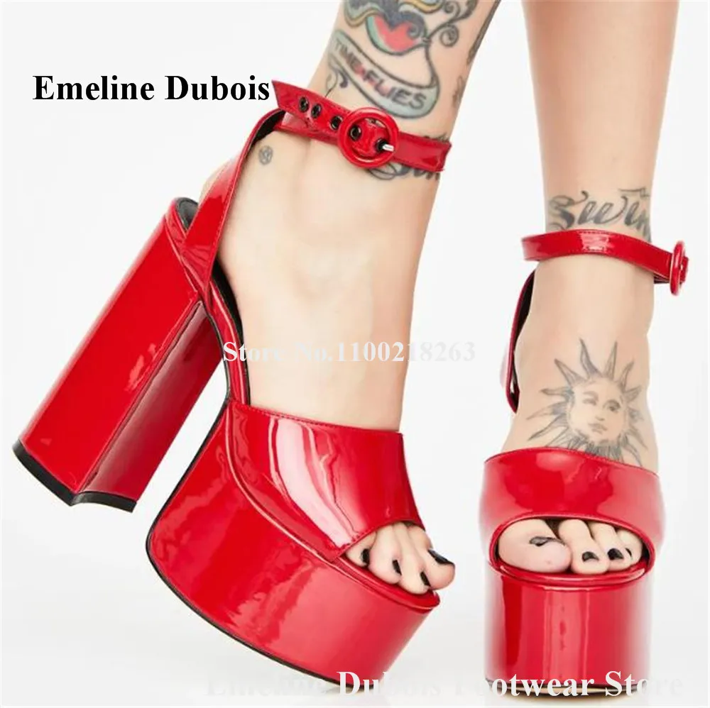 

Sexy Red Block Heel Sandals Emeline Dubois Peep Toe Patent Leather High Platform Thick Heel Dress Shoes Wedding Club Pumps