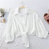 Chemises en mousseline de soie femmes 2025 été demi manches boutonné chemise ample blouse décontractée cravate taille Blouses élégantes pour les femmes 3