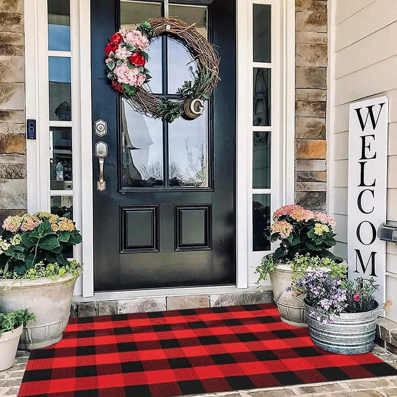New Buffalo Plaid Outdoor Red And Black Check Front Door Mat Washable