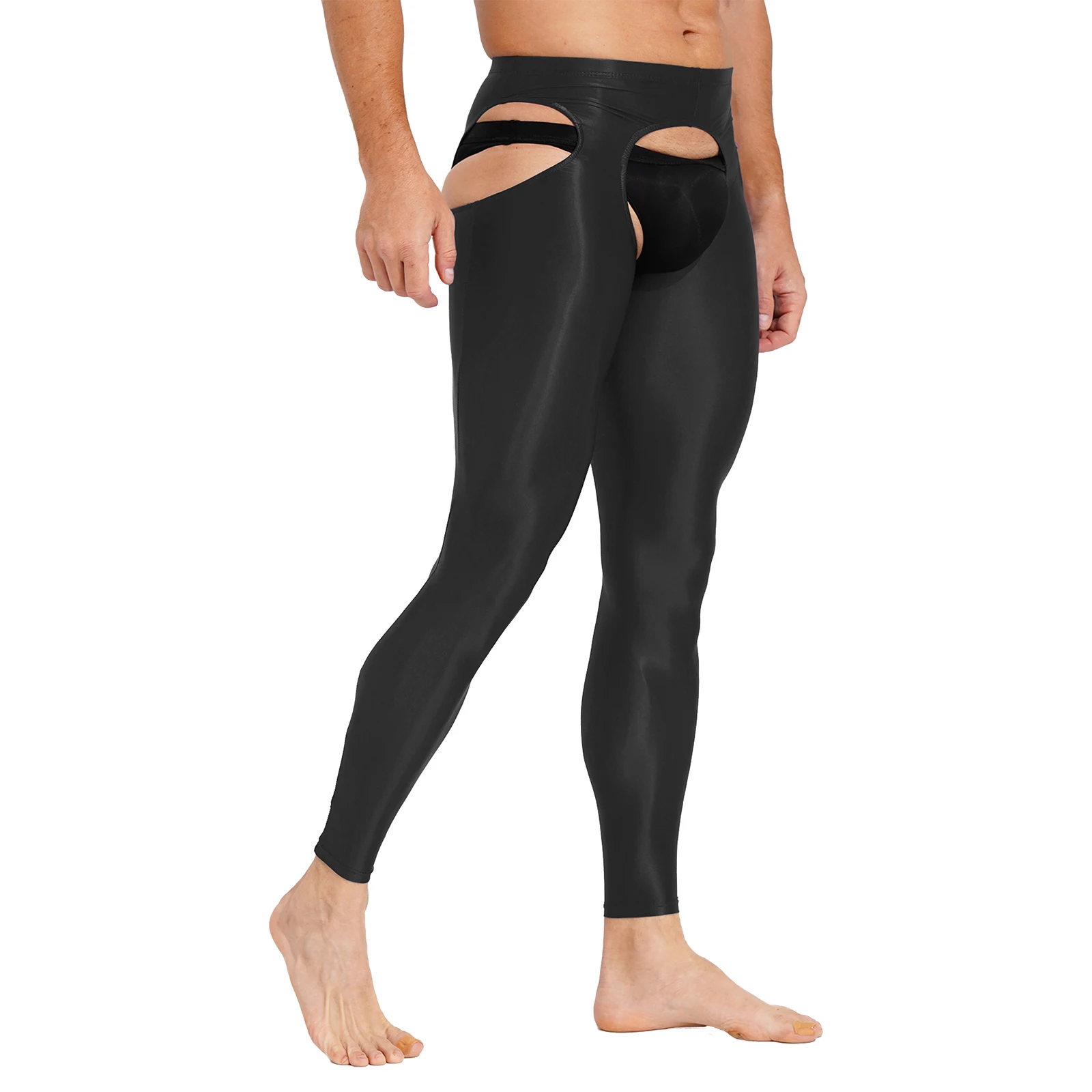 Men Leggings Men High Elastic Low Waist Pencil Pants Sexy Hollow Out Leggings Open Crotch Solid Color Long Pants Gym Leggings Tight Underwear