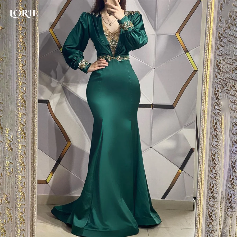 

LORIE Green Saudi Arabia Evening Dresses Cap Sleeves Mermaid V-Neck Celebrity Gowns Beadings Women Bodycon Formal Party Dress
