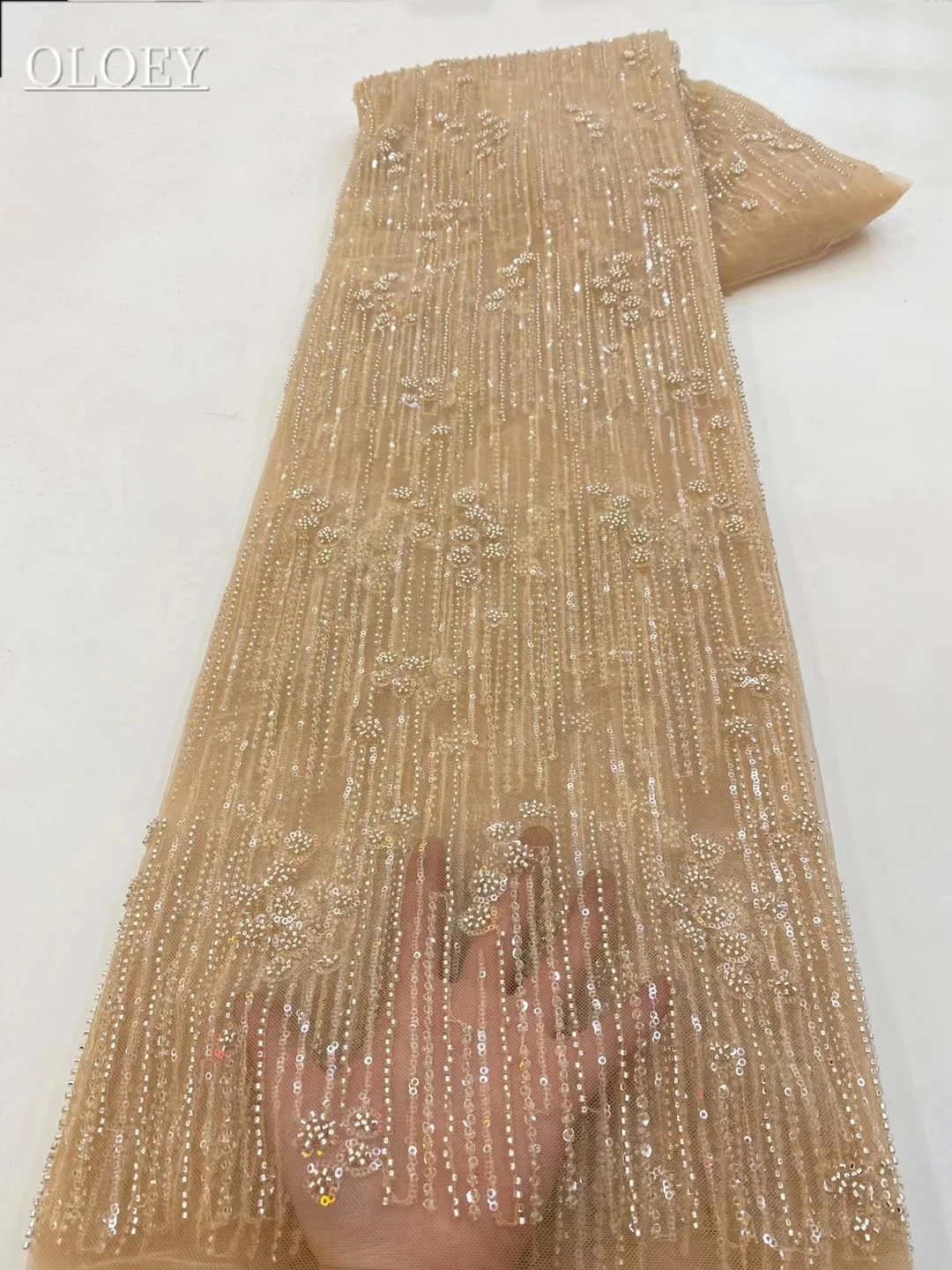 

Fashion 2023 French Embroidery Beaded Lace Fabric African Nigerian With Sequins Fabric For Wedding Dress