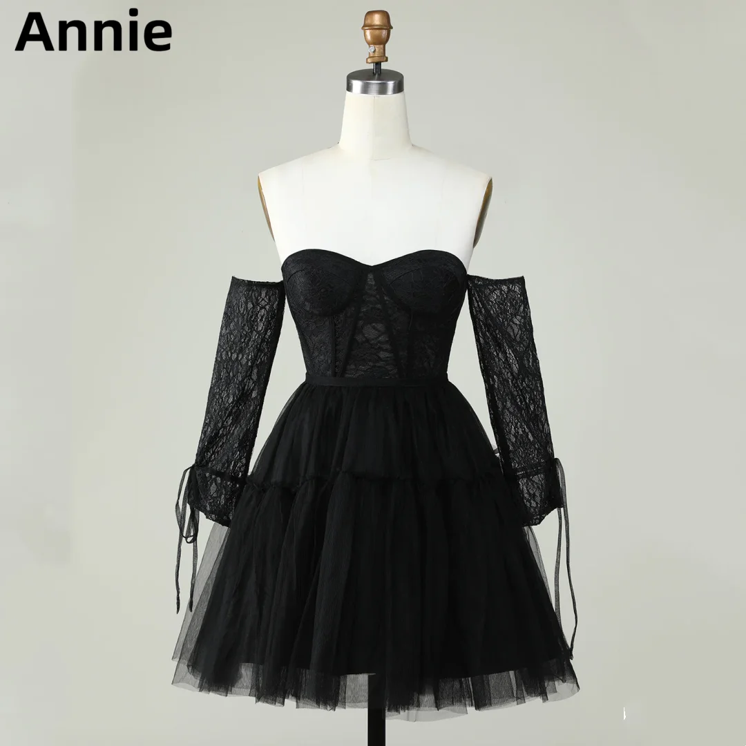 

Черные платья для выпускного вечера принцессы Annie, кружевные тюлевые вечерние платья с длинным рукавом, Короткие Коктейльные мини-платья принцессы на день рождения