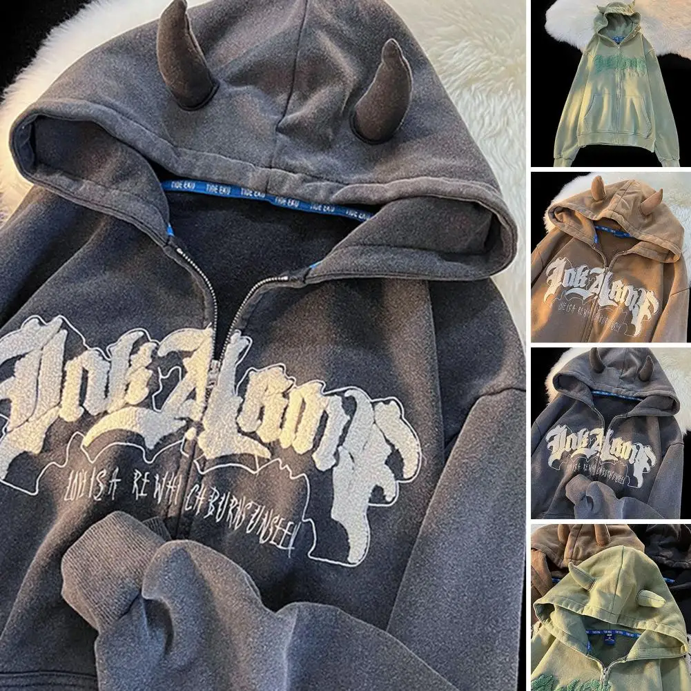 

Harajuku Zip Up Hoodies Women Letter Embroidery Hooded Sweatshirt Retro Autumn Winter Vintage Long Sleeve Couple Jacket Tops