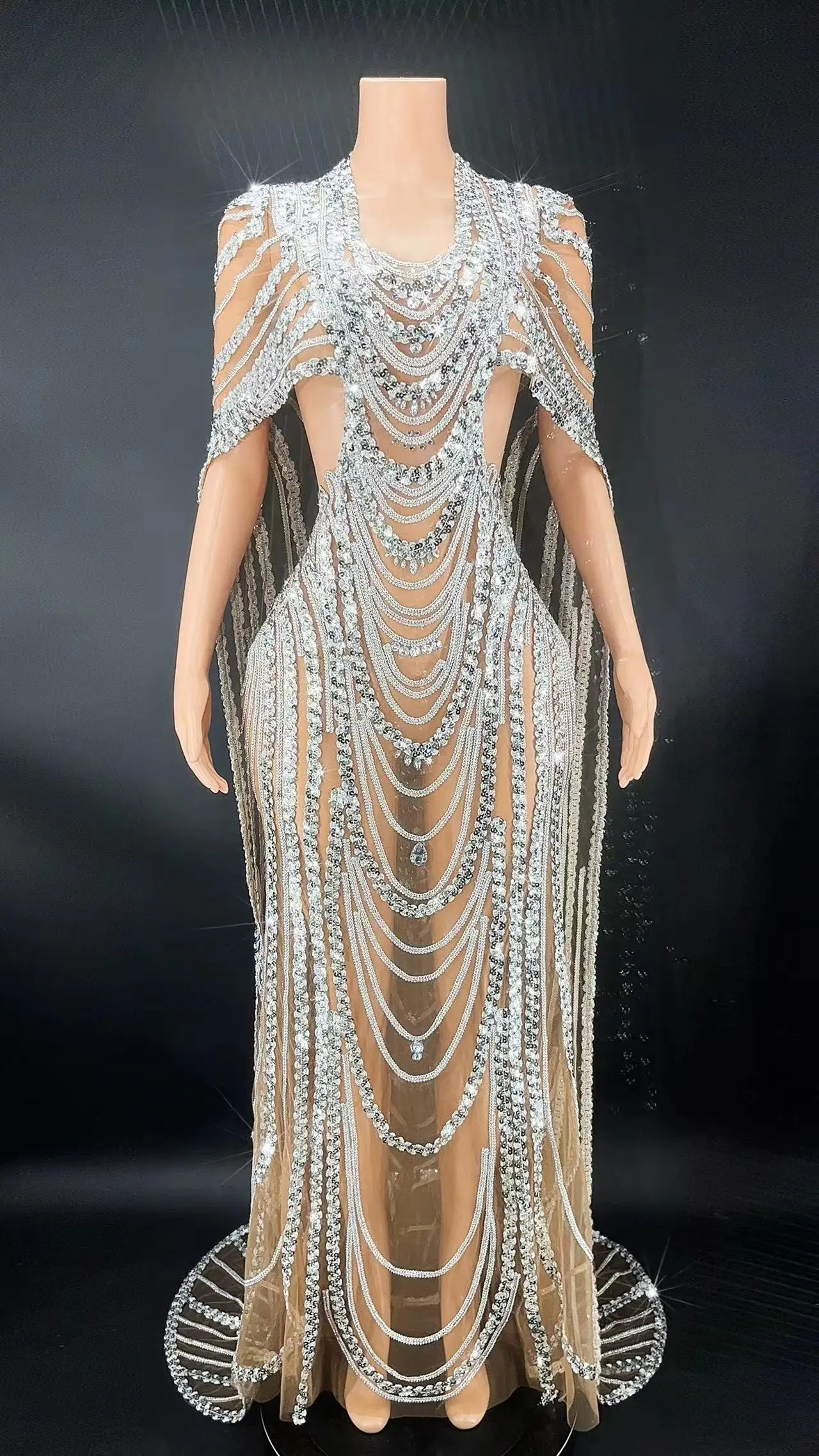 

Women Sexy Long Tail Dress Stage Shining Silver Sequins Crystals Transparent Evening Birthday Celebrate Dancer Performance Dress