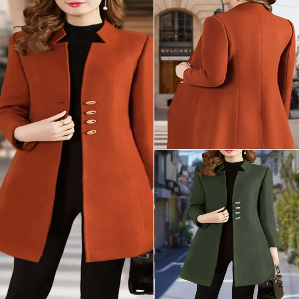

Soft Woolen Coat Stylish Women's Mid-length Woolen Coat Notched Collar Slim Fit Outerwear for Autumn/winter Solid Color Elegance