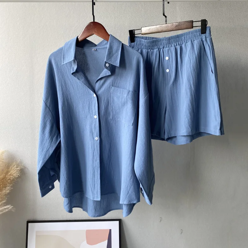 MESCHUNEY Two Piece Set Women Long Sleeve Loose Shirt Shorts Sets Vintage Shirt High Waist Loose Shorts Mujer Sets Chemise Femme