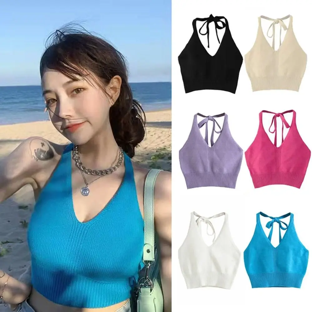 

Трикотажный женский топ без рукавов, с коротким вырезом