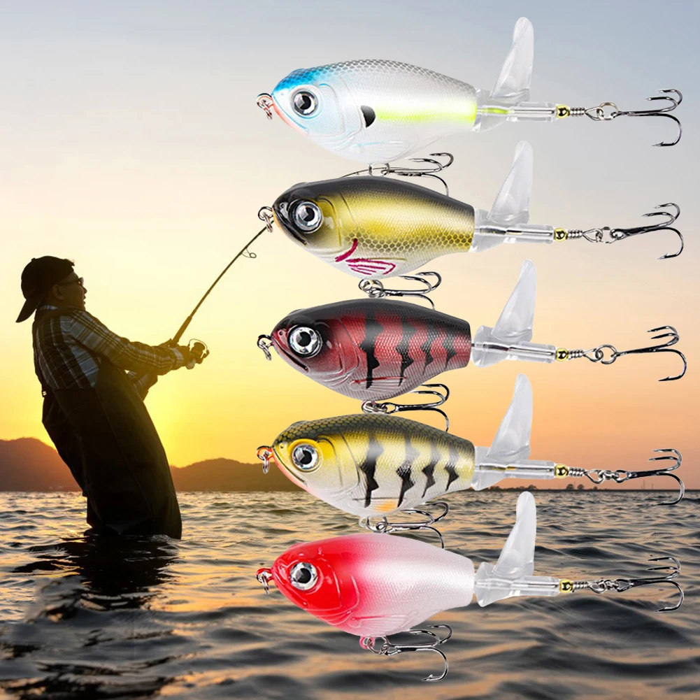 5pcs Whopper Popper Fishing Lures with Rotating Tail Artificial Bait Floating Wobblers Fishing Bait for Trout Bass Black Fish 3