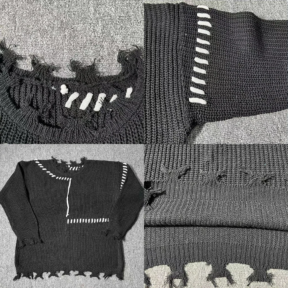 Fashion Niche Knitted Sweaters Autumn Winter Ripped O-neck Causal Loose High Street Knitted Sweater Men Pullovers Male Clothes 6