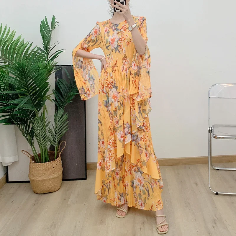 

Miyake Pleated Printed Women's Dresses La Seven Blazer Sleeve Slim Skirt High Quality Plus Long Hit 2024 Spring Maxi Dresses