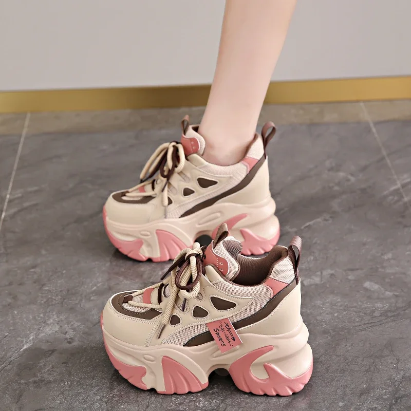 

8CM Mesh High Platform Wedges Leisure Sneakers New 2024 Spring Autumn Women Casual Sports Dad Shoes Lace-up Chunky Sneakers