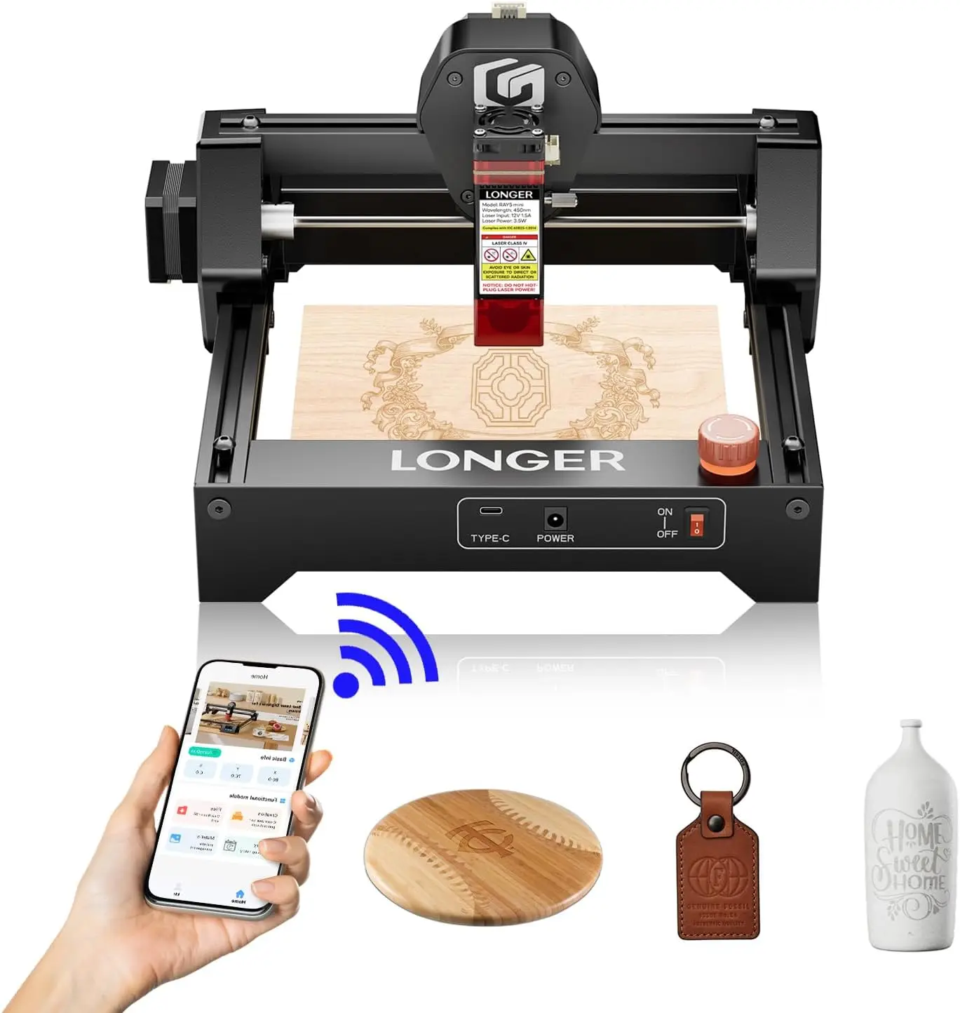 Ray5 mini Laser Engraver, 12000mm/min High-Speed Cutter for Wood, Metal, Acrylic, Leather, DIY CNC, 140x130mm Engraving Area, Wi