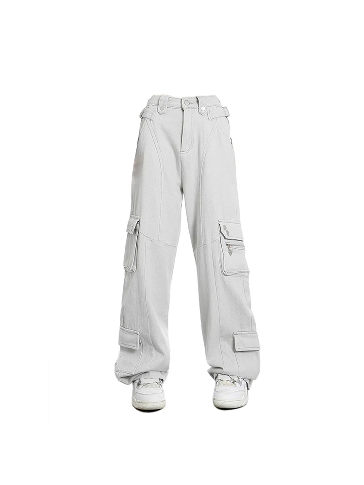 Women's White Baggy Cargo Jeans Vintage Korean Cowboy Pants
