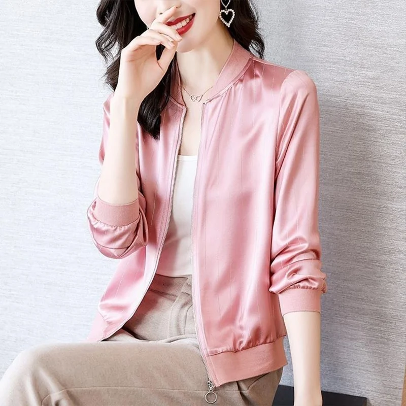 Spring Autumn Elegant Fashion Harajuku Coat Lady Zipper Slim Fit Female Clothes Casual All Match Tops Women Chic Solid Jacket