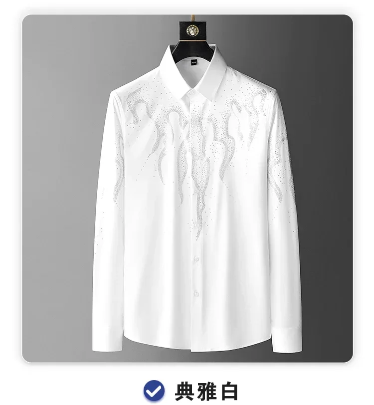 Description Picture 5 of itemLuxury Rhinestones Shirts for Men Solid Color Long Sleeve Casual Shirt Slim Social Party Tuxedo Business Formal Dress Shirts