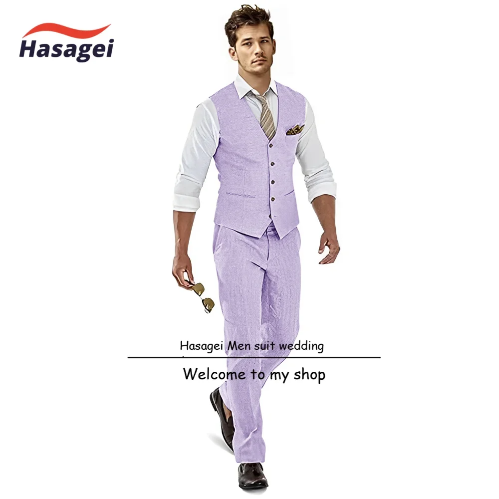 Suit for Men Linen Vest Pants Set of 2 Summer Breathable Groom Tuxedo Wedding Formal Slim Fit Set Clothes