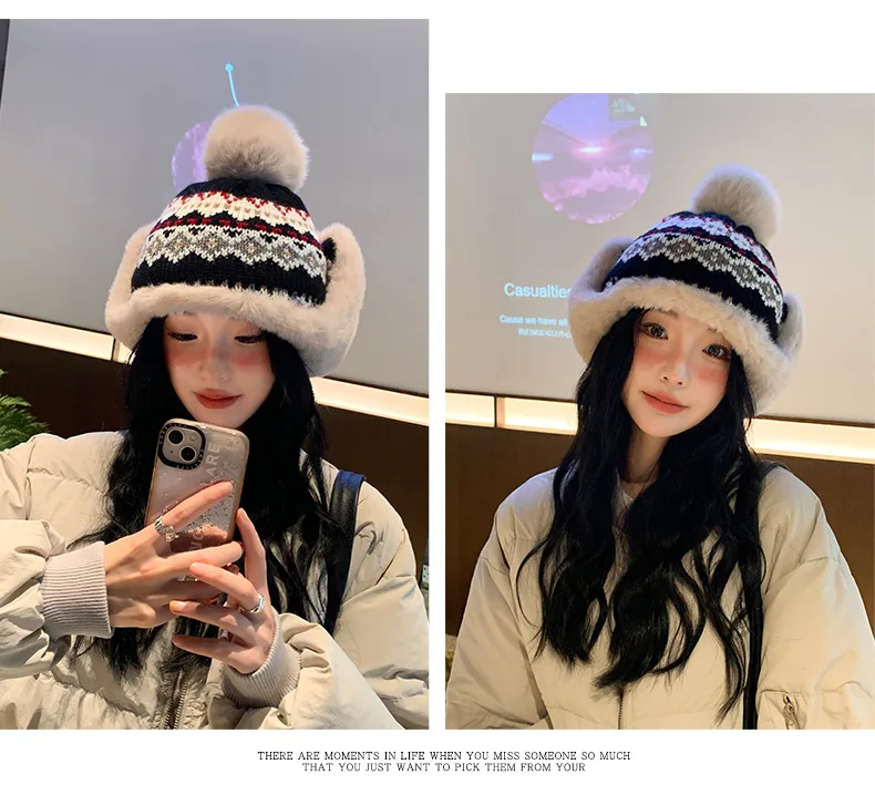 Bărbați și femei rusești tricotate Trapper Earflap schi Cap nou bărbat și femeie gros cald de iarnă Beanie blană pompom rusesc pălărie_voghion.com