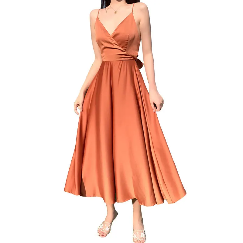 Satin Summer Dress Gown Over Knee Spaghetti Backless Strap Daily Wear For Lady Girl 120cm