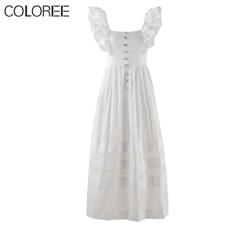 

White Flower Embroidery Pleated Summer Dress 2023 Elegant Ruffles Backless Long Dresses for Women Runway Designer Vestido Blanco
