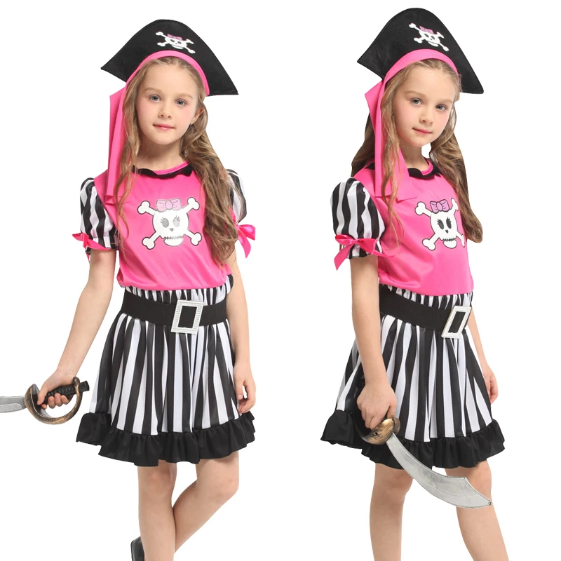 

Child Caribbean Captain Pirate Costume Cosplay for Girls Skull Hat Kids Fancy-Dress Halloween Carnival Theme Party