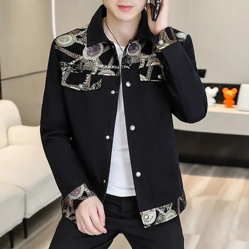 

Роскошная ретро Лоскутная куртка для мужчин, повседневные куртки, приталенные деловые пальто с отворотом, верхняя одежда, уличная ветровка, куртка, пальто