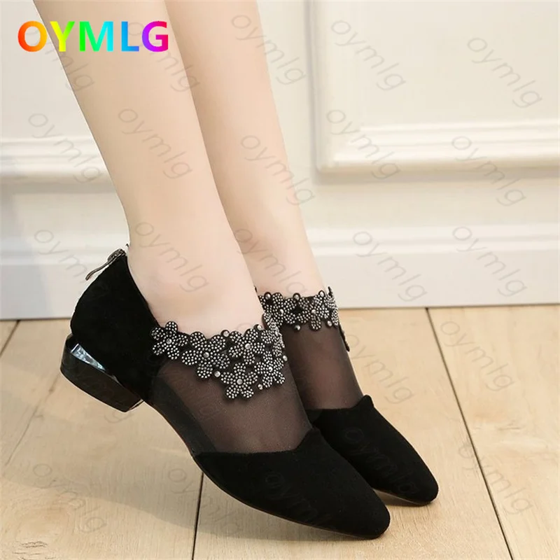 Women Sandals Women Flats Women High Heels Comfortable Sandals Mesh Hollow Flat-heeled Baotou Rhinestone Large Size Summer