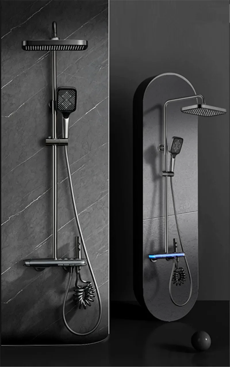 Description Picture 2 of itemBath Shower Faucets Set Brass Mixer Hot & Cold Taps LED Light Wall Mount Temperature Display Number Piano Button Style Gun Grey